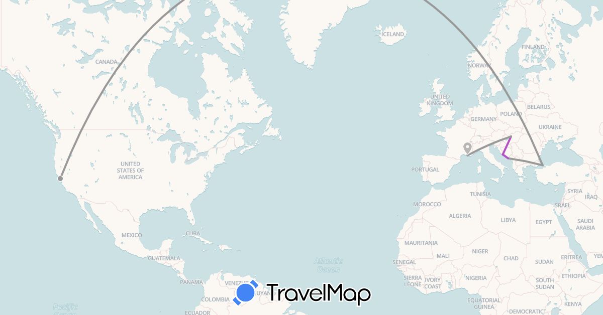 TravelMap itinerary: driving, plane, train in France, Croatia, Hungary, Turkey, United States (Asia, Europe, North America)