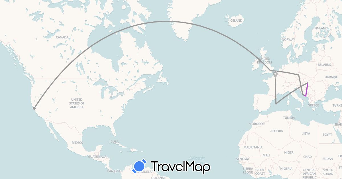 TravelMap itinerary: driving, plane, train, hiking in Czech Republic, Spain, France, United Kingdom, Croatia, Hungary, United States (Europe, North America)