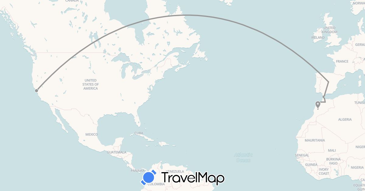 TravelMap itinerary: driving, plane in Spain, Gibraltar, Morocco, United States (Africa, Europe, North America)
