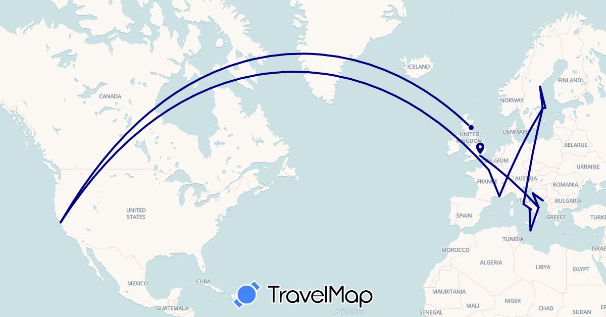 TravelMap itinerary: driving in France, United Kingdom, Croatia, Italy, Malta, Sweden, United States (Europe, North America)