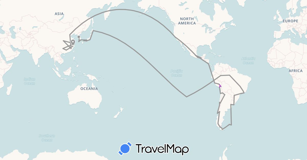 TravelMap itinerary: plane, train in Argentina, Brazil, Chile, China, Colombia, Costa Rica, Falkland Islands, Japan, South Korea, Mexico, Peru, United States, Uruguay (Asia, North America, South America)